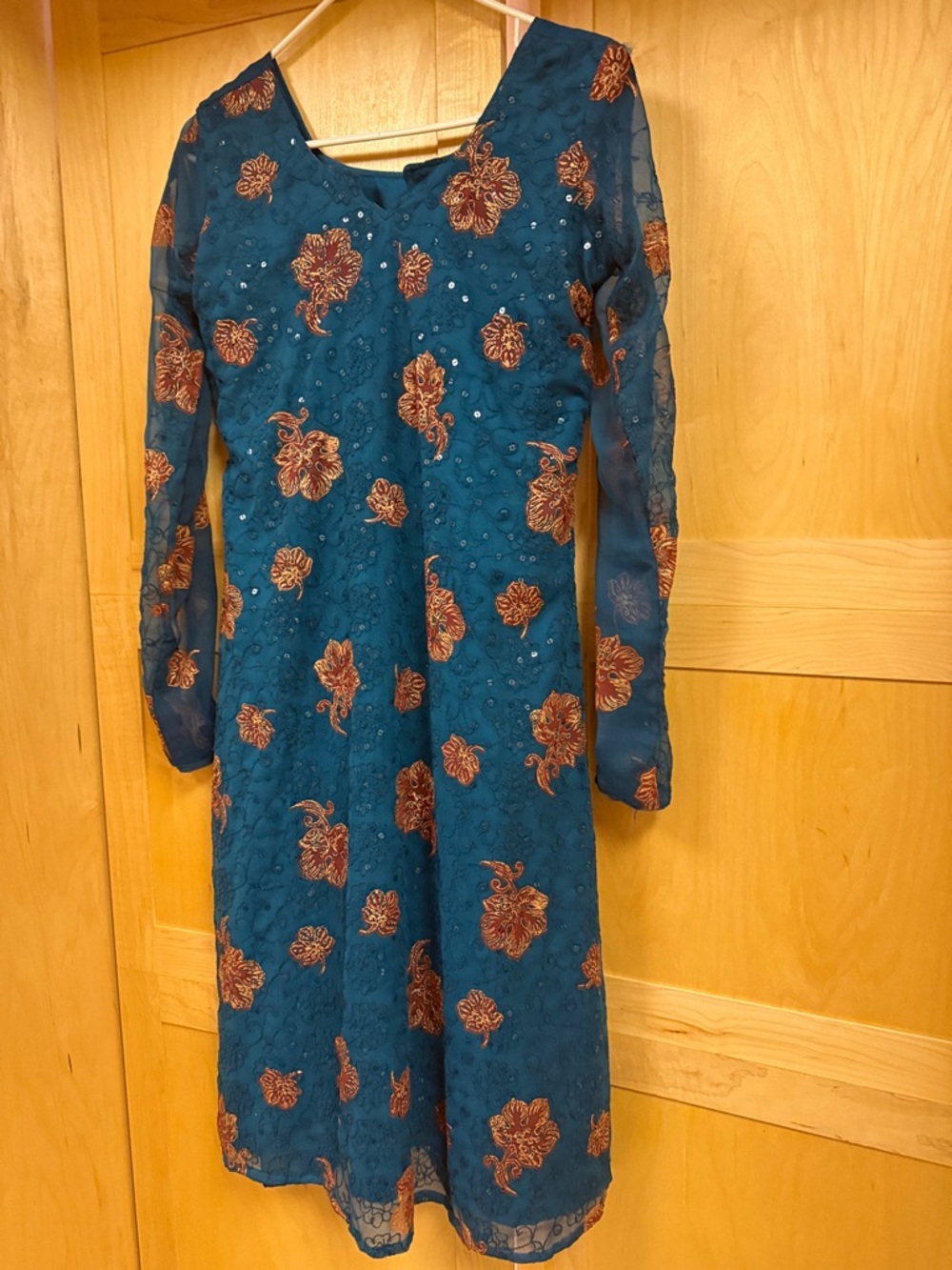 Womens Teal Dress with Copper Floral Embroidery salwar suit